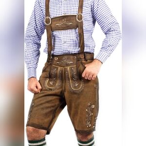 Oktoberfest Lederhosen Brown Leather Embroidered Edelweiss Floral Pre-Owned